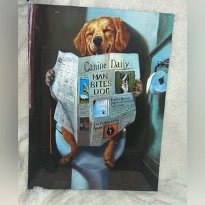 Dog with Newspaper In Bathroom Canvas Wall Art, 12x16